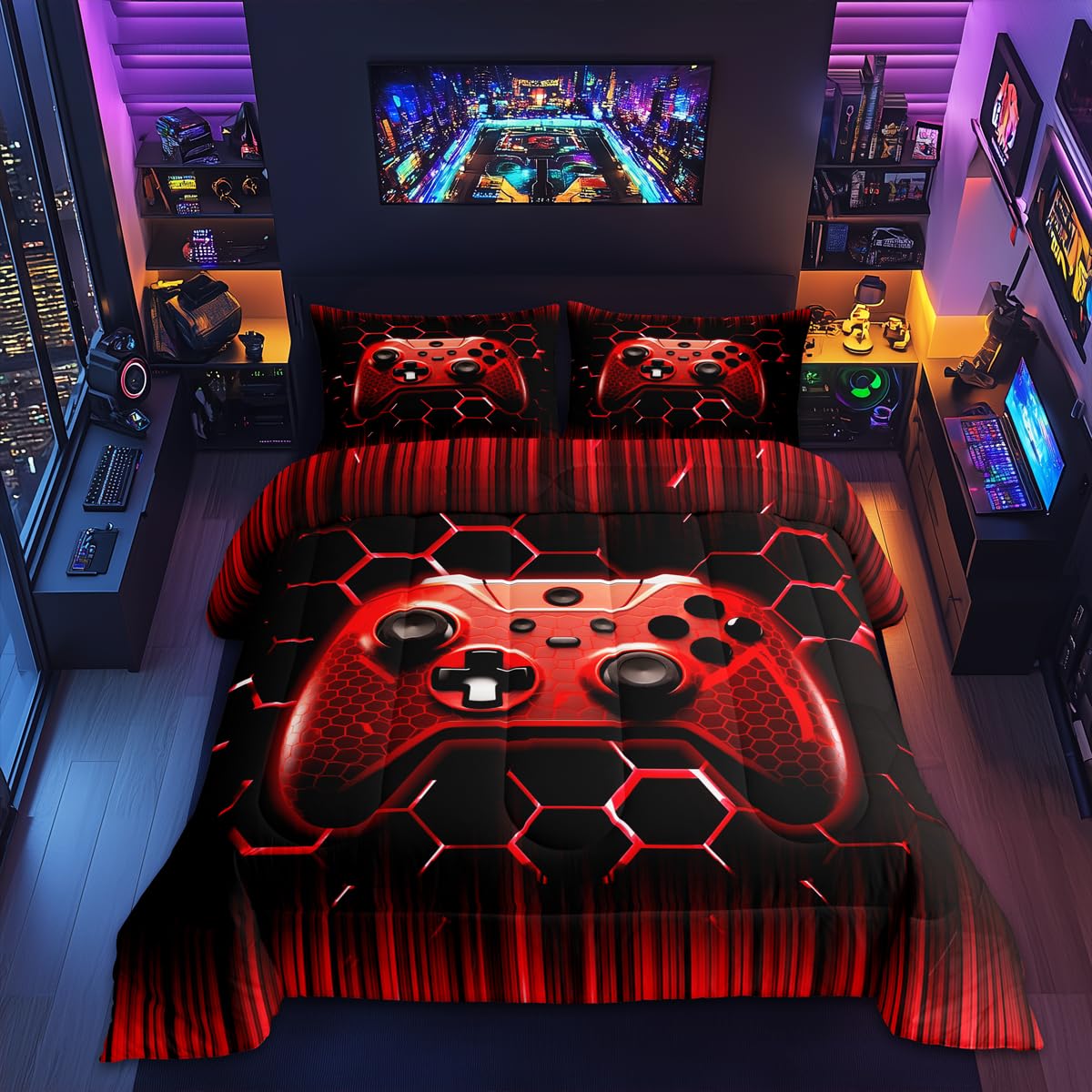 Twin Gamer Bedding Set - Red Geometric Gamepad with Pillowcase