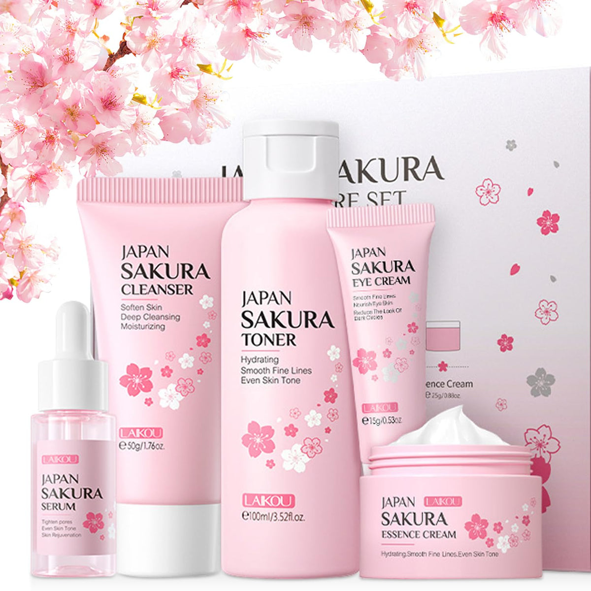 5Pcs Skin Care Set Sakura Women Beauty Gift Sets Korean Skin Care Kit with Cleanser Face Serum Face CreamTonerEye Cream Mud Mask - Skin Care Routine Kit for Women (Sakura)