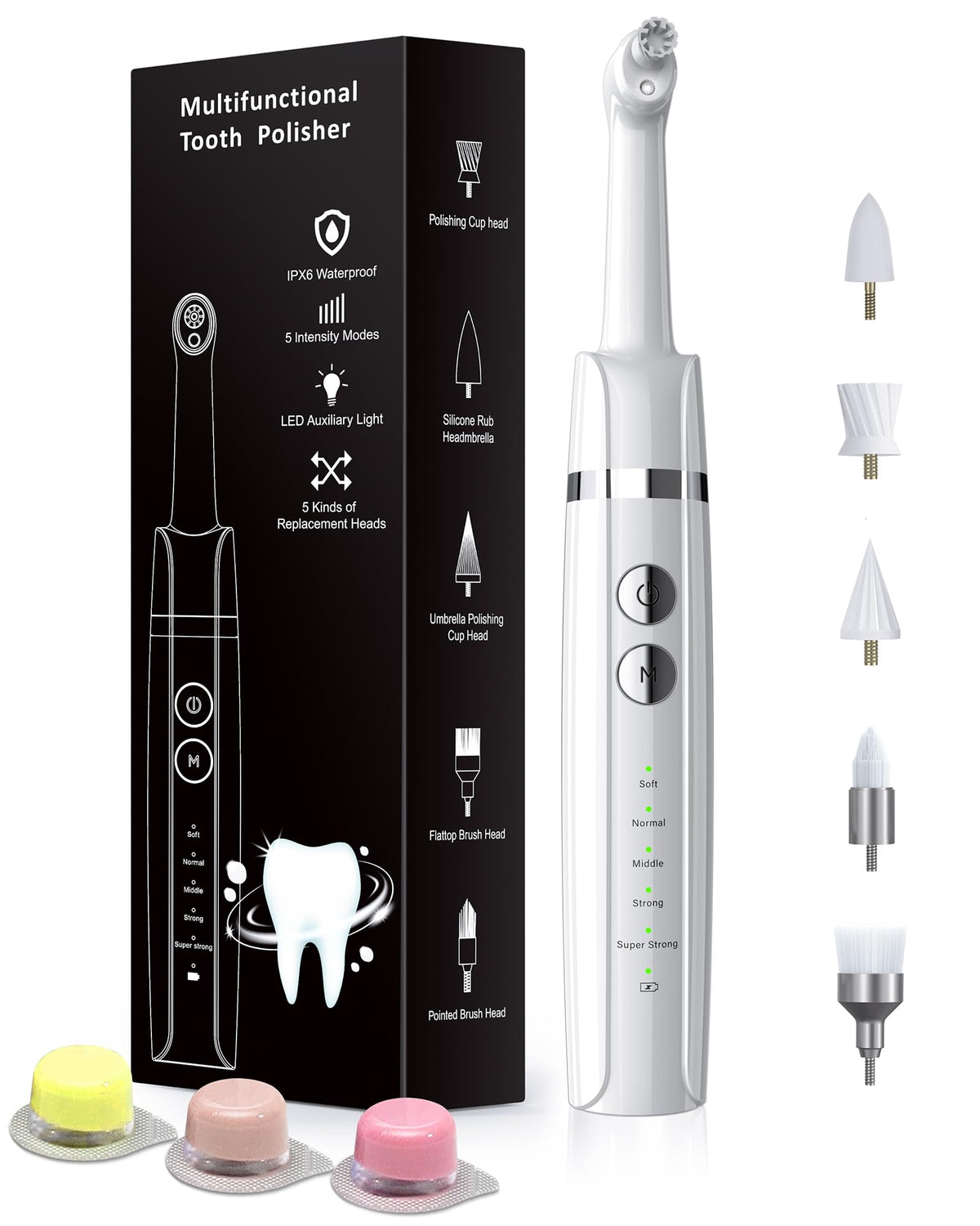 Tooth Polisher Rechargeable Tooth Whitening Kit for Teeth Cleaning and Whitening with 3 Tooth Polish Paste and 5 Brush Heads LED Light Easy to Use at-Home Personal Dental Care Kit