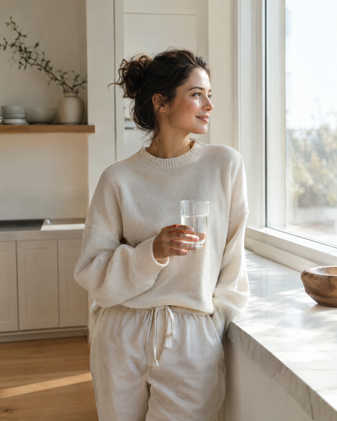A calm morning moment by a sunlit window with a glass of water