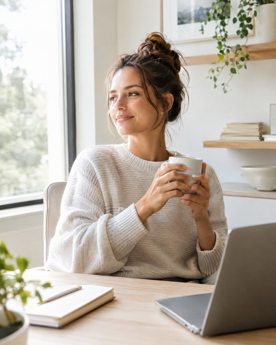 A calm, organized moment at a tidy desk with a warm drink