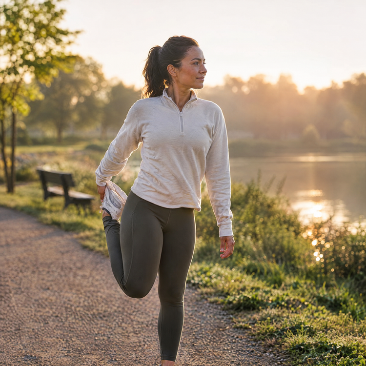 Adult stretching outdoors after a walk in early morning light