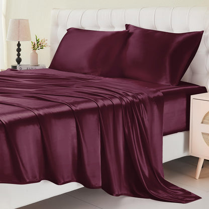 Satin Elegance Twin Bedding Set - 3-Piece Luxurious Sheets with Deep Pocket (Burgundy)