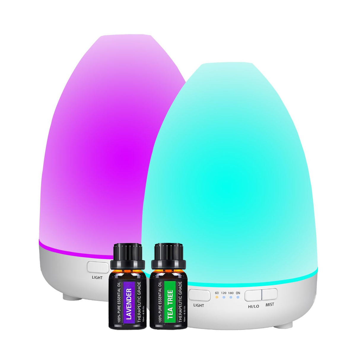 Dual Aroma Mist Diffuser 200ml & Essential Oils Set - Auto Shut-Off with 7 LED Colors