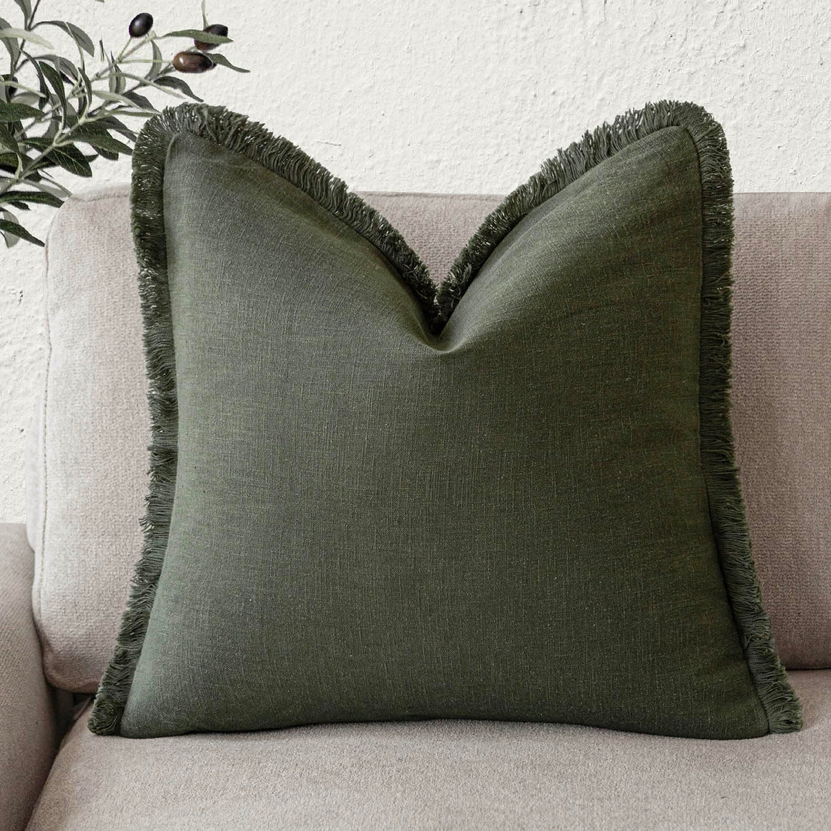 Foindtower Boho Fringe Linen Pillow Cover 20x20 - Olive Green