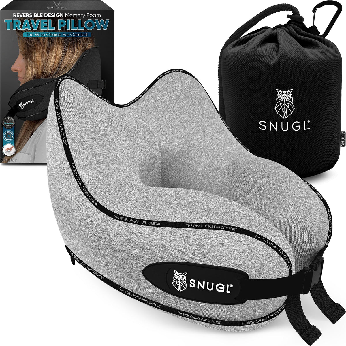 SNUGL Memory Foam Neck Pillow - Travel Comfort Kit with Carry Bag & Clip - Grey