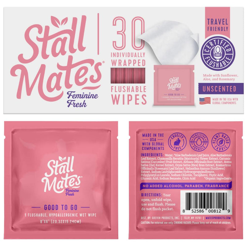 Stall Mates Flushable Feminine Wipes - Individually Wrapped, PH Balanced, Unscented with Botanicals (30 Singles)