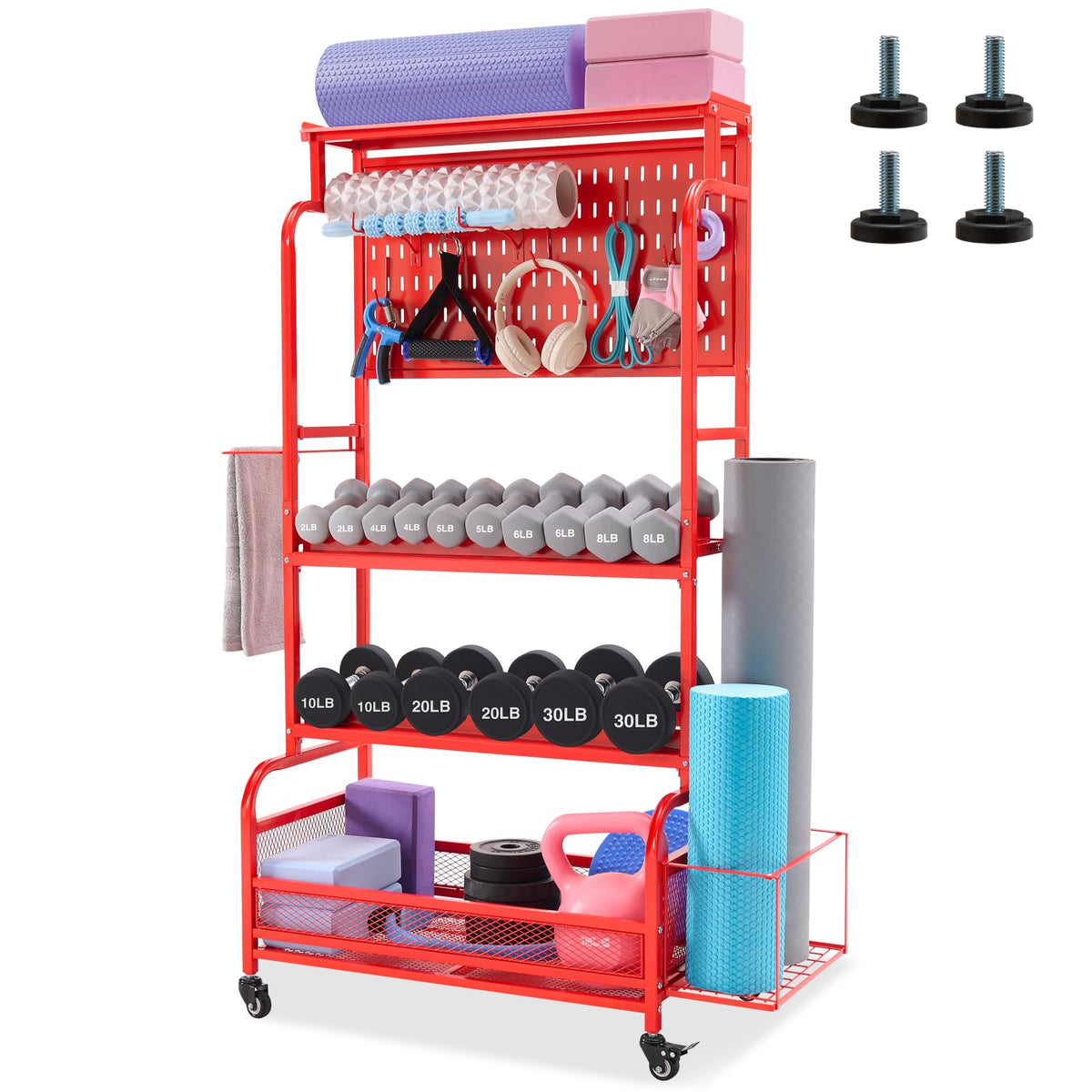 56 Inch Multi-Use Gym Storage Rack with Wheels - Red