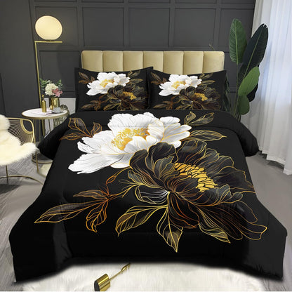 CCoutueChen Floral Elegance Comforter Set Twin - Black & White Botanical Bedding with Pillowcase