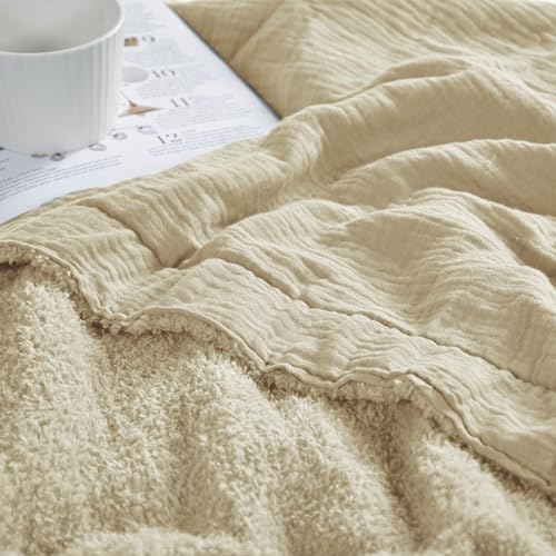 JOOJA Soft Reversible Muslin Throw - Cotton & Knit, Light Tan 50"x70"